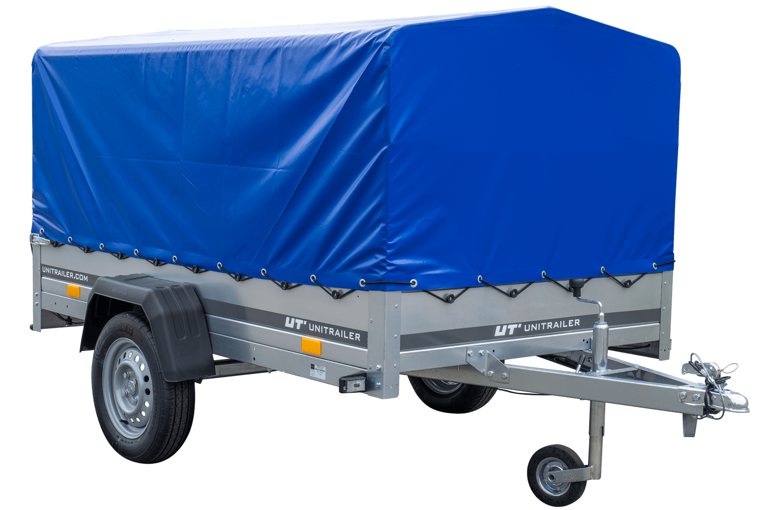 PKW-Anhänger GARDEN TRAILER 230 FD mit Stützrad, 80 cm hohem Spriegel und blauer Plane