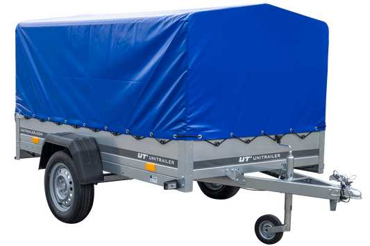 PKW-Anhänger GARDEN TRAILER 230 FD mit Stützrad, 80 cm hohem Spriegel und blauer Plane